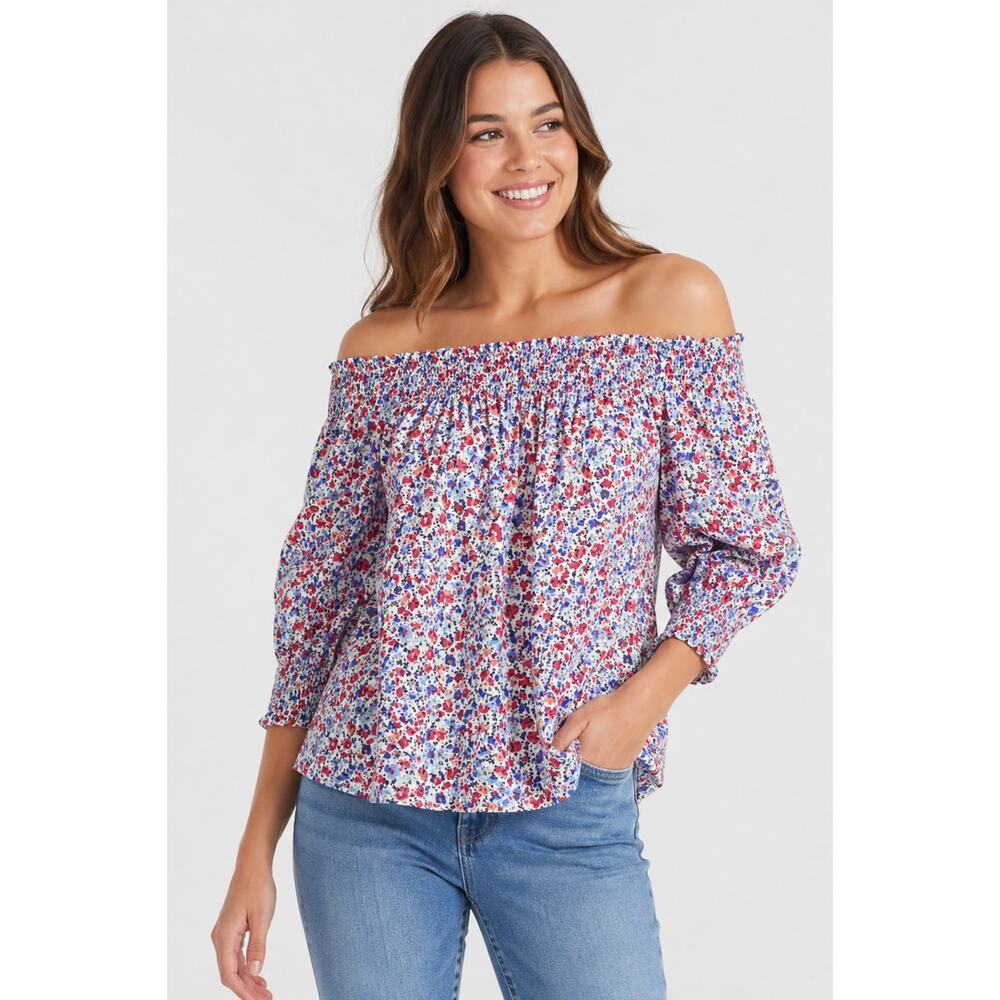 St John’s Bay Floral Off Shoulder Summer July Smocked Cotton Blouse Small NWT